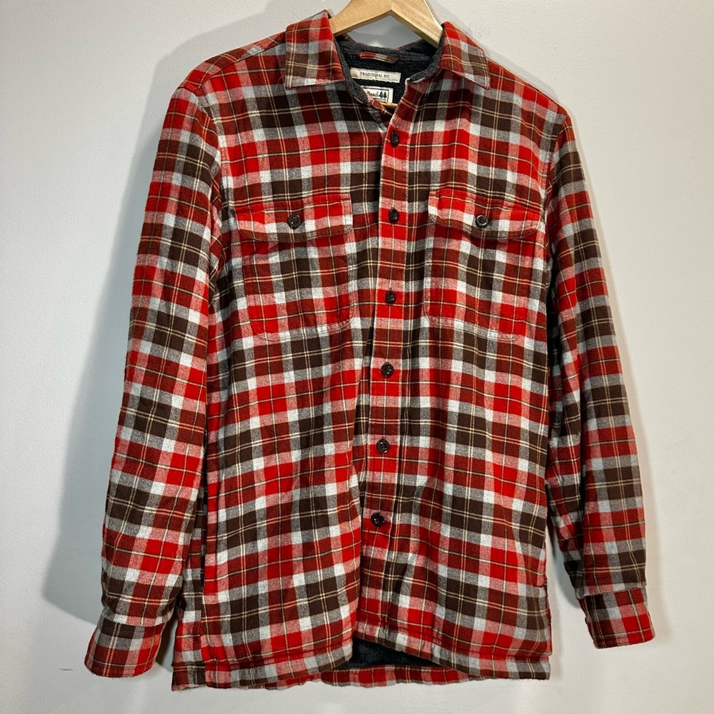 LL Bean Mens S Fleece Lined Flannel Shirt Button Up Red Orange Plaid Soft Warm